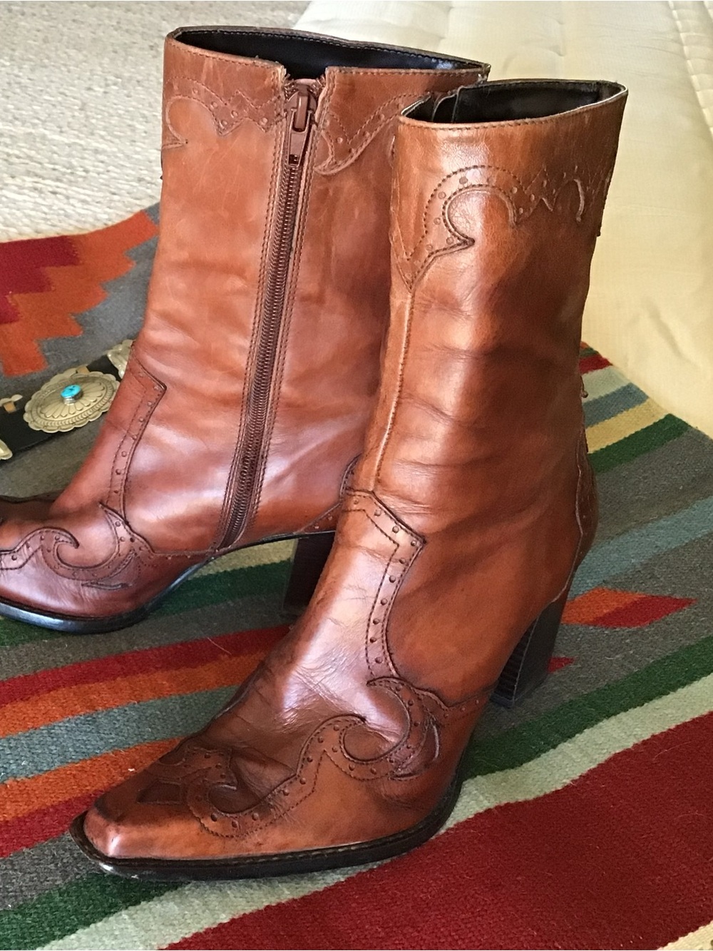 ANTONIO MELANI Cognac Leather Heeled Western Zip Boots